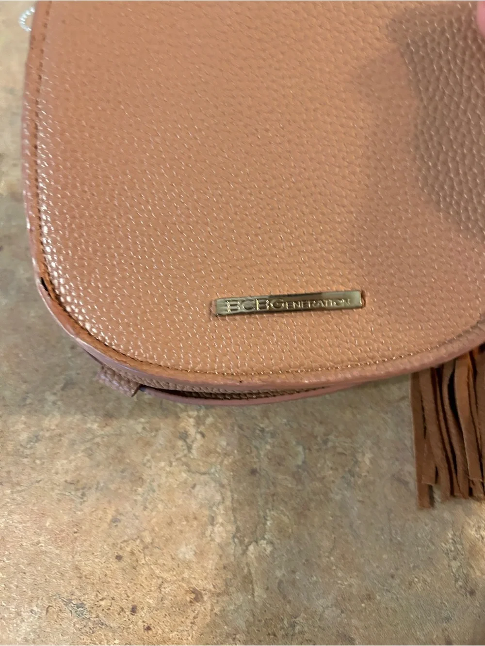 Textured Tan Crossbody Saddle Bag with Tassel